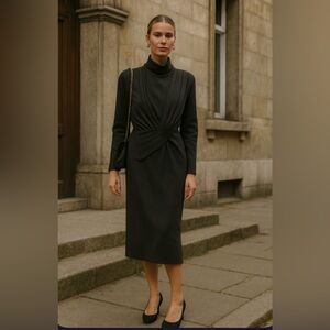 Vintage ET AL Black 100% Wool Dress with Suede Leather Waistband Women's Size 4